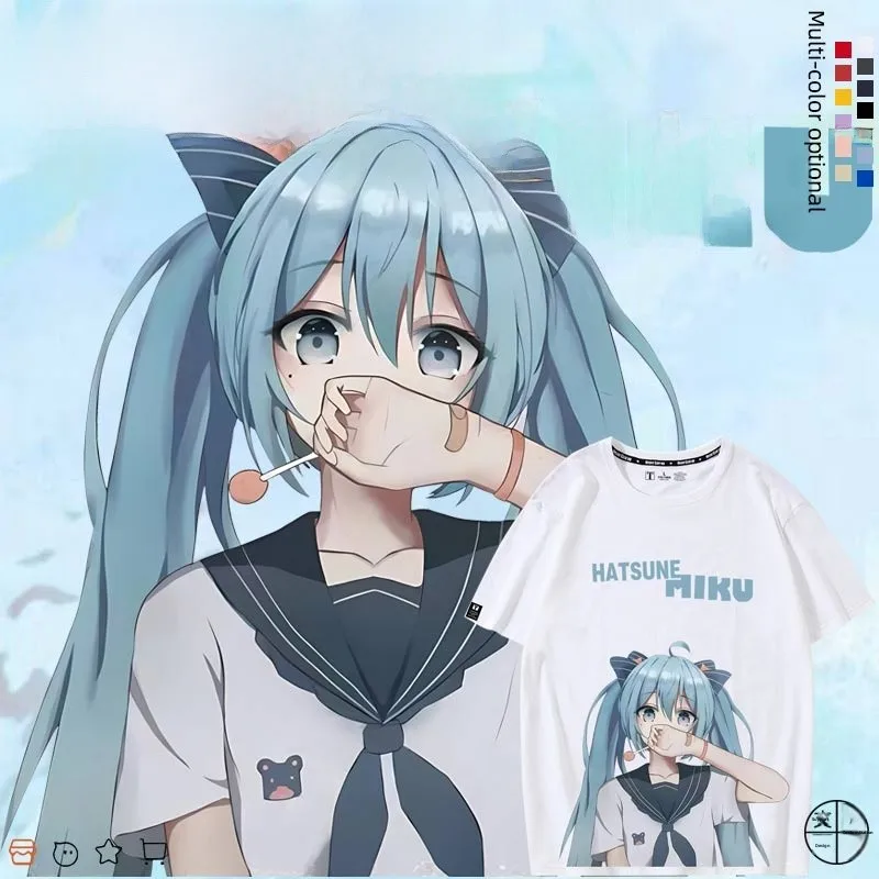 

Свободная хлопковая футболка с коротким рукавом и принтом Anime Future Miku Initials, летний повседневный топ с круглым вырезом для студентов и молодежи
