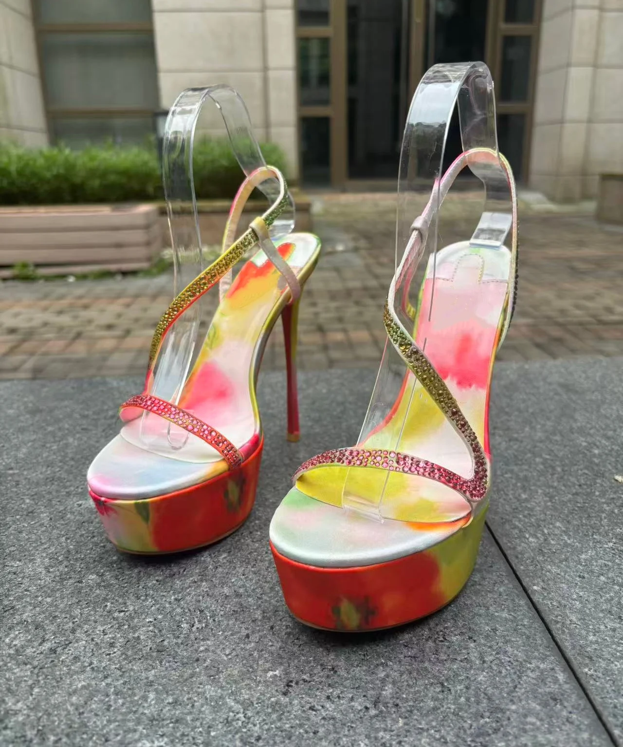 Mixed Colors Rhinestone Round Toe Platform Summer Women Shallow Sandals Stiletto High Heels 15CM Buckle Strap Large Size