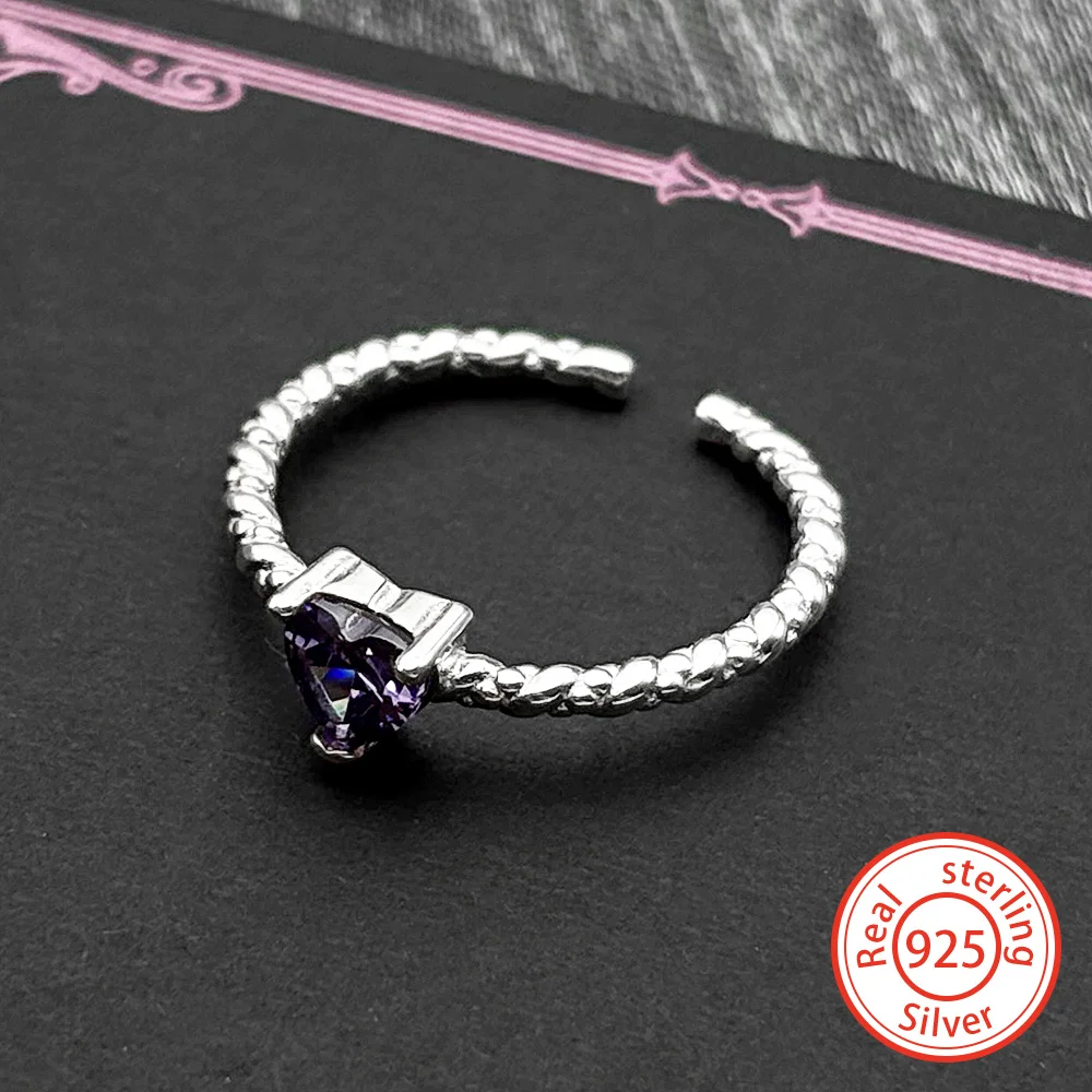 

Minimalist 925 Sterling Silver Inlaid Shiny Heart Purple Rhinestone Open Ring for Women Girl Adjustable Finger Ring Jewelry Gift