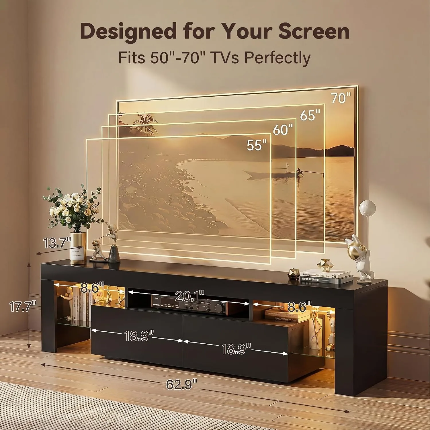 63 Inch LED TV Stand for 70 Inch TV, Modern Entertainment Center, Black