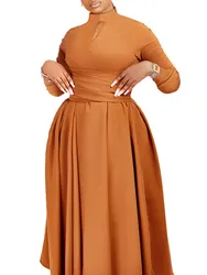 Pleated African Dress For Women Autumn Fashion High Waist Elegant Casual Midi Dress Big Size Ladies Robe Nigerian Africa Clothes