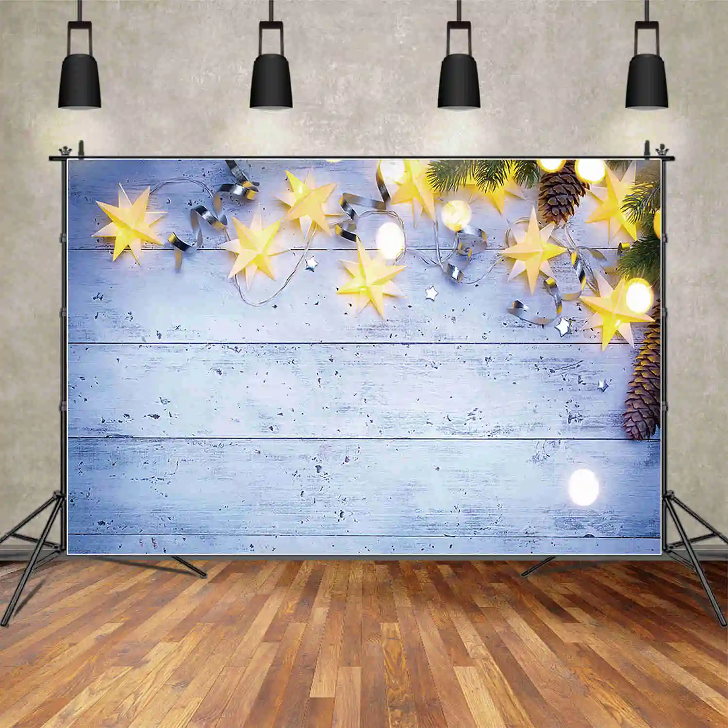 MOON.QG Christmas Pine Wooden Backdrop Boards Wood Product Photography Background Ornament Star Lighting Snowflake Shooting Prop