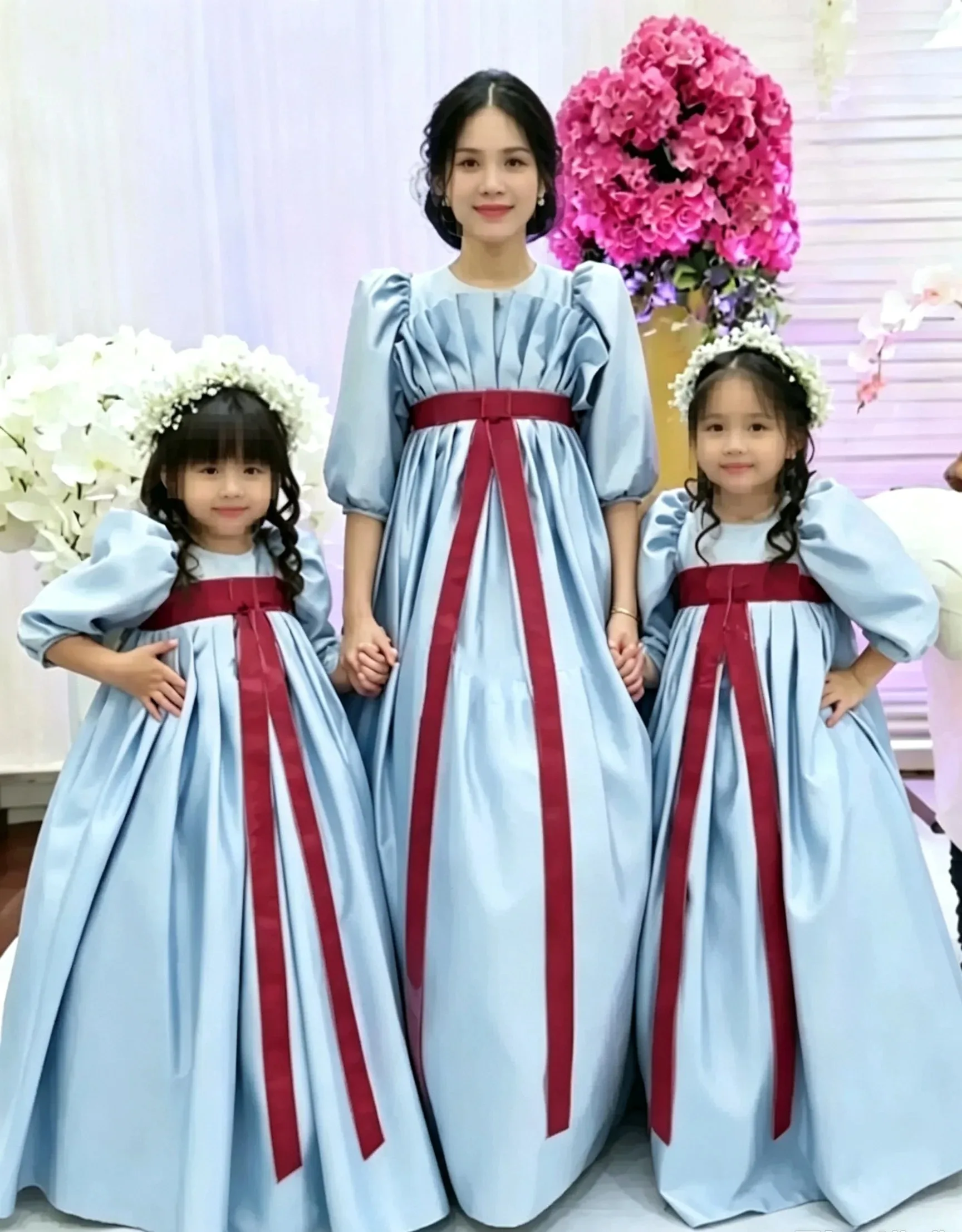 Custom Champagne Satin Flower Girl Dress for First Communion, Long Puff Sleeve A-Line Gown with Burgundy Sash & High Waist, Cust
