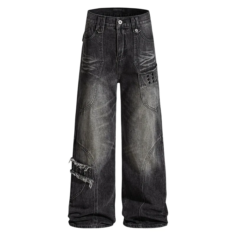 

Wide Leg Loose Baggy Jeans For Man Ripped Denim Straight High Street Trousers Rivets Y2k Pants Brand Clothing Mens Apparel