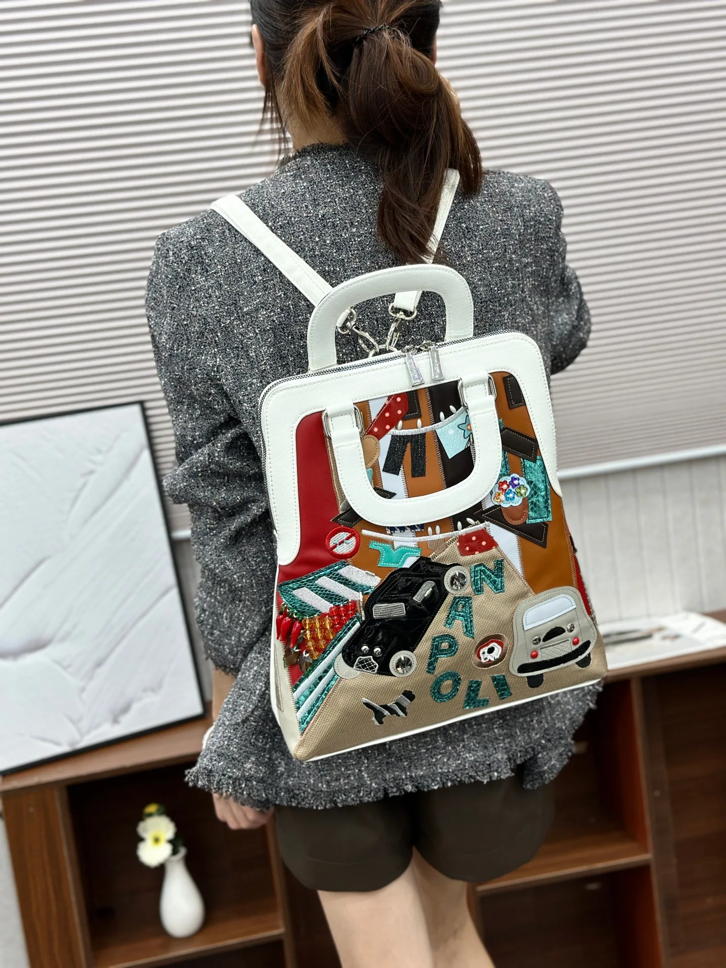 

Adult Girls PU Backpack New Ins Women's Spliced Embroidery Large Capacity Bookbag College Students Retro Color Blocked Handbag