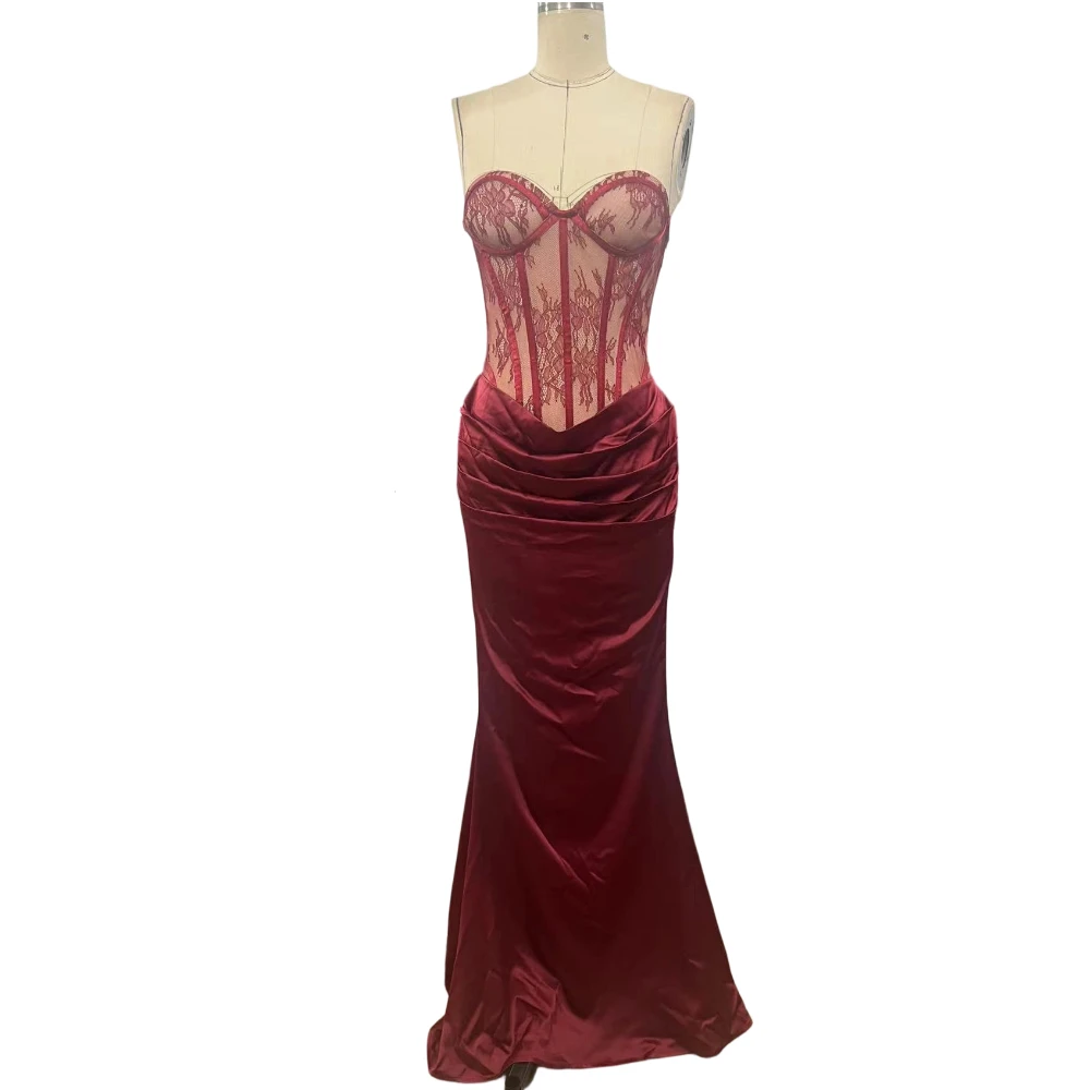 Luxurious Elegant Sexy Backless Lace Corset Dress Retro Draped Satin Gown for Concert Opera Wedding Guest Graduation Ceremony