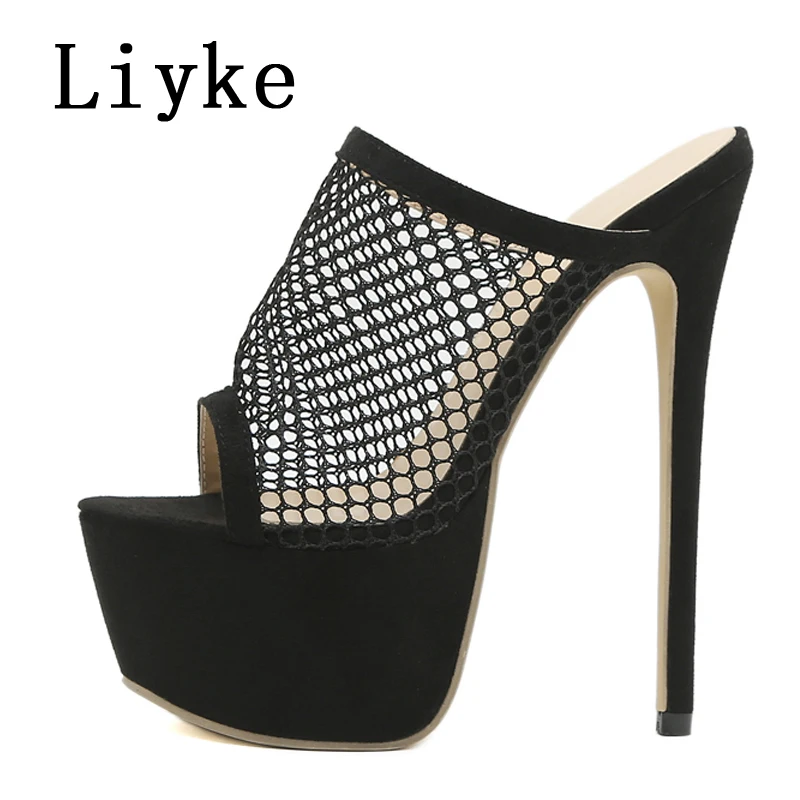 Liyke Size 35-42 Platform Slippers For Women Fashion Breathable Mesh Peep Toe Extreme High Heels Sandals Summer Shoes Lady Pumps