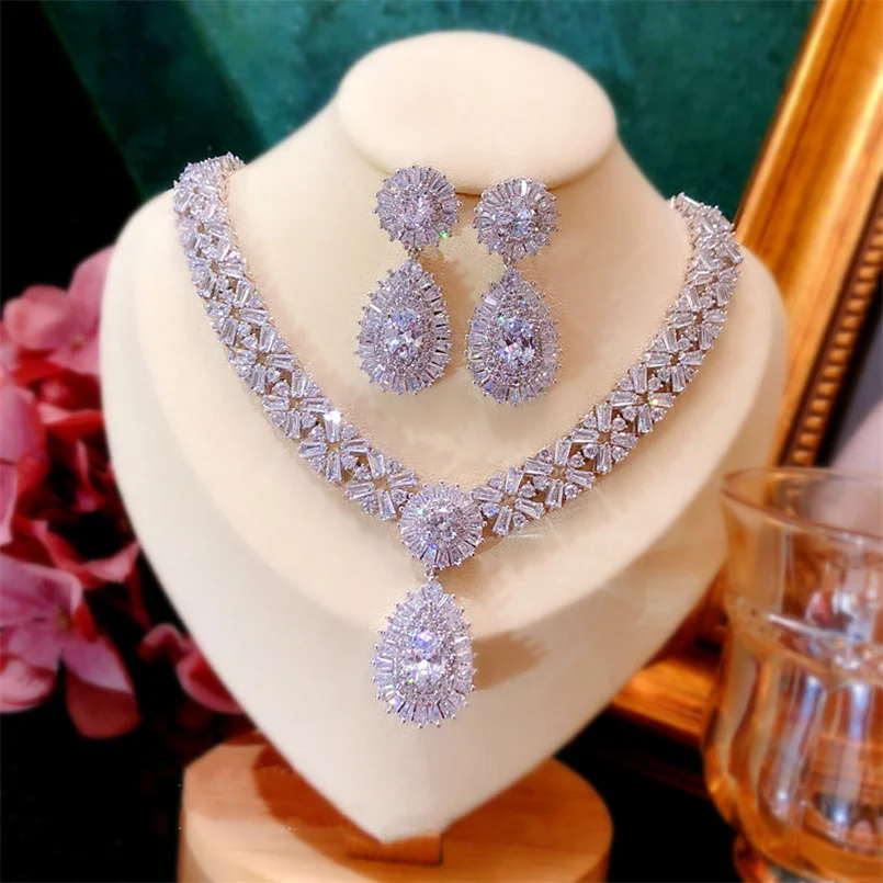 Necklaces Earring Set S925 Silver Needle 2pcs Bridal Jewelry Sets For Women Crown Wedding Cubic Zirconia Accessories