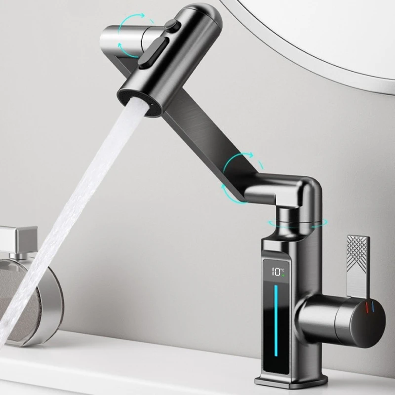 Digital Hot Cold Water Mechanical Arm Washbasin Faucet Rotatable Strong Pressure Bathroom Faucet Durable Bathroom Accessories