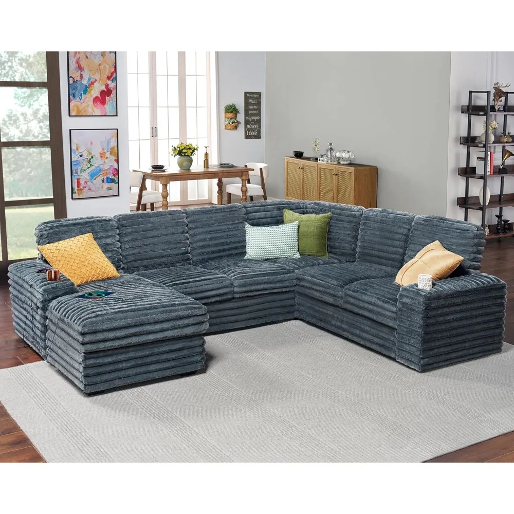 112 Inch Oversized Couch, U Shaped Sofa with Storage Chaise, Sectional Sofa with Type-C & USB Ports, Faux Fur Dark Grey