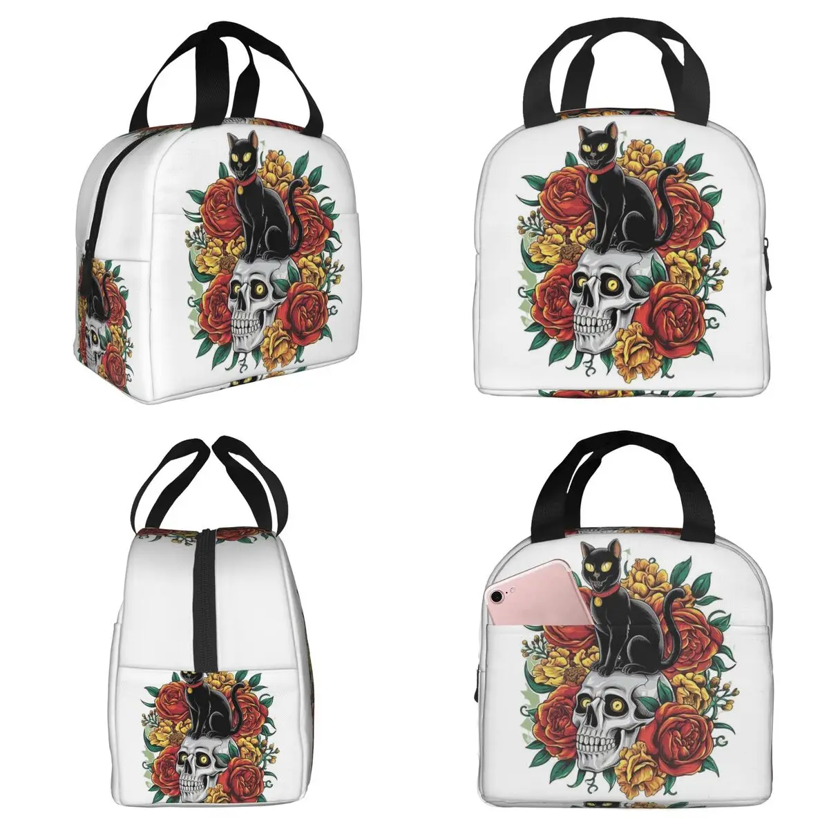 Gothic Black Cat Stand On Skull Insulated Lunch Bag for Kids School Cooler Thermal Food Box Tote Portable Lunch Boxes Container