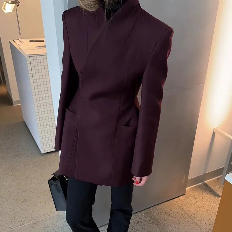 Women Fashion High Street Temperament Outerwear Casual Pocket Solid Color Jackets Elegant Stand Collar Long Sleeve Blazer Coats