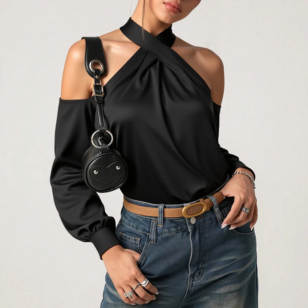 

Mia Muse Autumn Blouses 2025 Women's Decent Solid Color Long Sleeve Halter Neck Comfortable Daily Basic Blouses