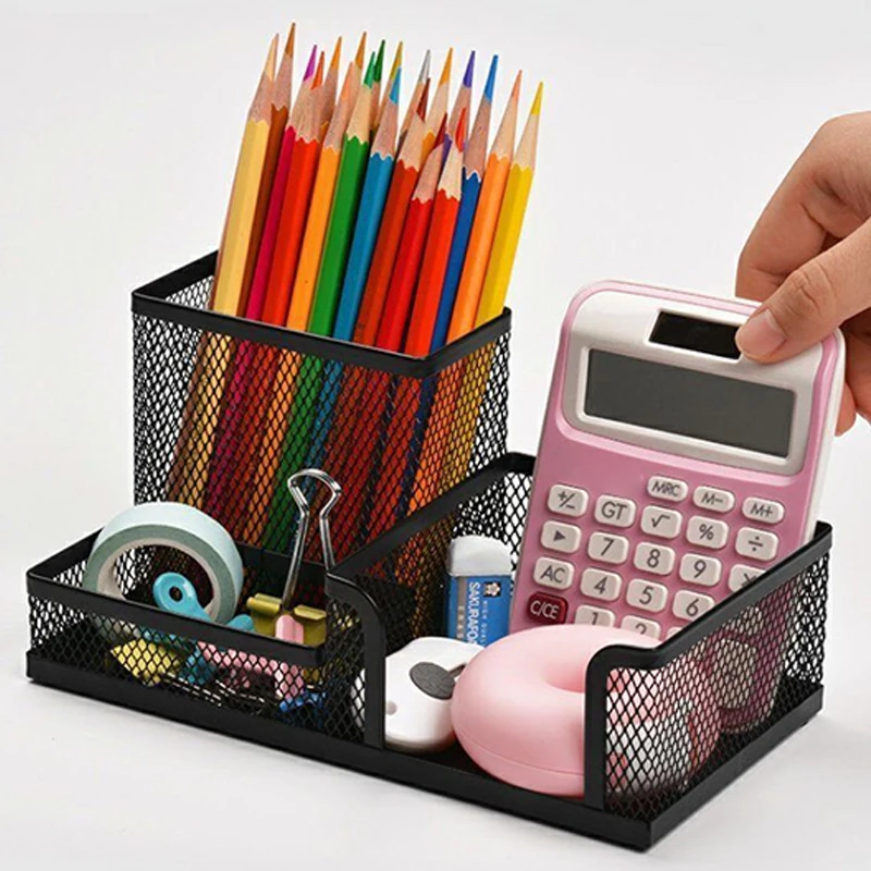 Desk Stationery Organizer Creative Metal Pen Holder Pencil File Storage Rack 3 Grid Storage Box Office Accessories