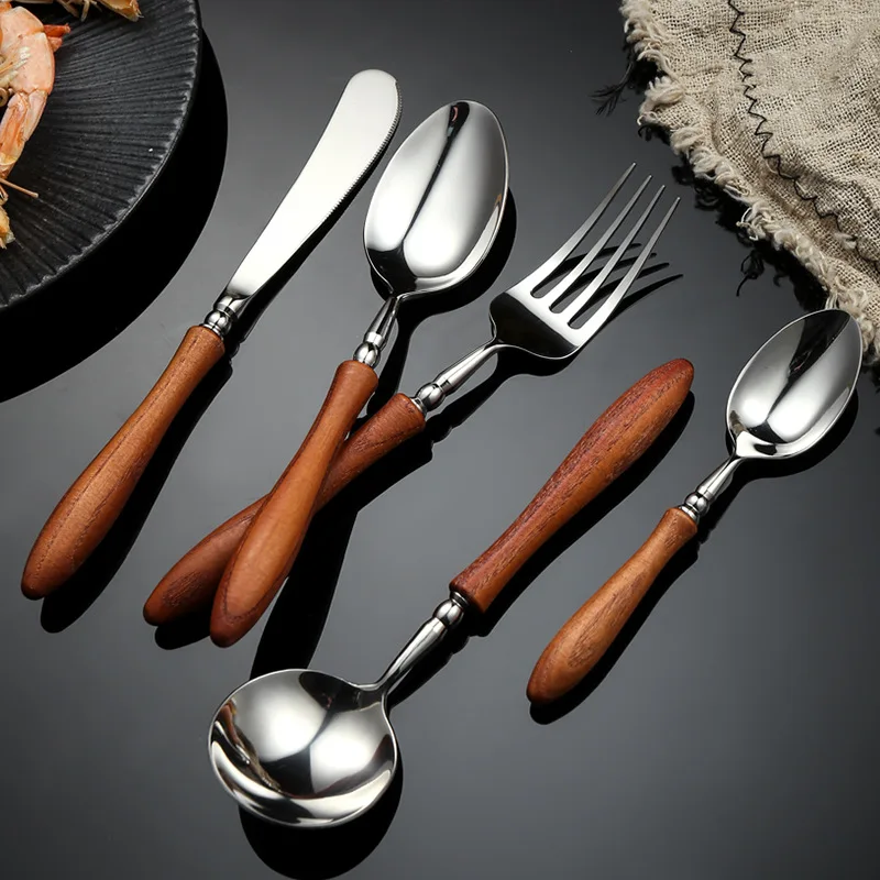 5/6PCS Toon Wood Stainless Steel Cutlery Sets Full Dinner Table Service Natural Fork Spoon Kinfe Wedding Luxury Decoration