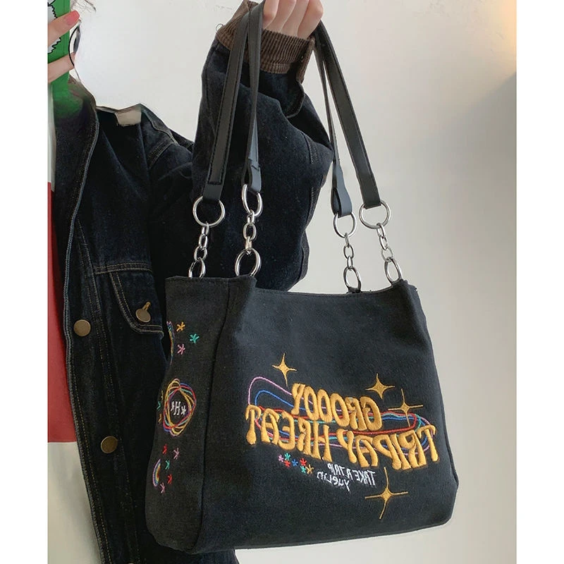 High Capacity Shoulder Underarm Bag Portable Retro Vintage Tote Washed Canvas Embroidered Letters Shopping Bag Woman Bag