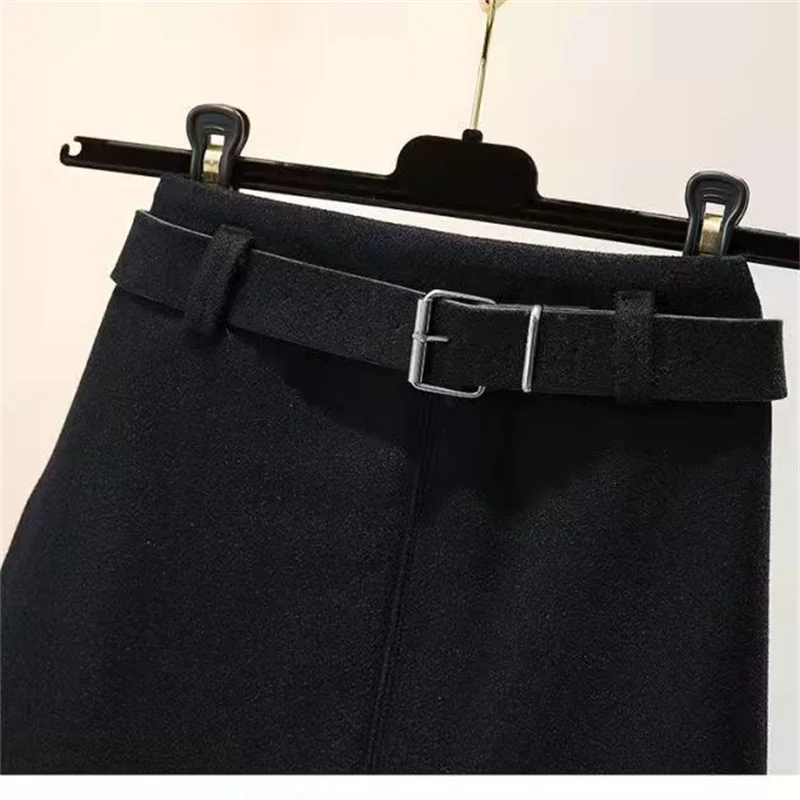 Jupe mi-longue en laine pour femme avec ceinture, jupes de bureau noires, mode coréenne, optique chaude, élégante, luxe, hiver, 2023