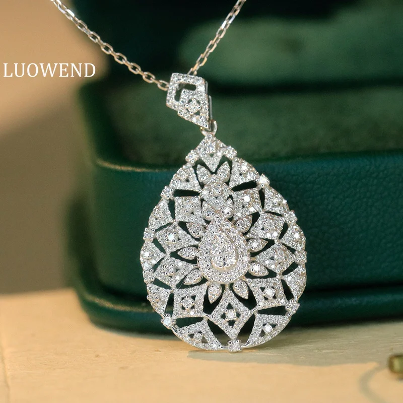 LUOWEND 18K White Gold Necklace Luxury Shiny Design 0.50carat Real Natural Diamond Pendant Necklace for Women High Party Jewelry