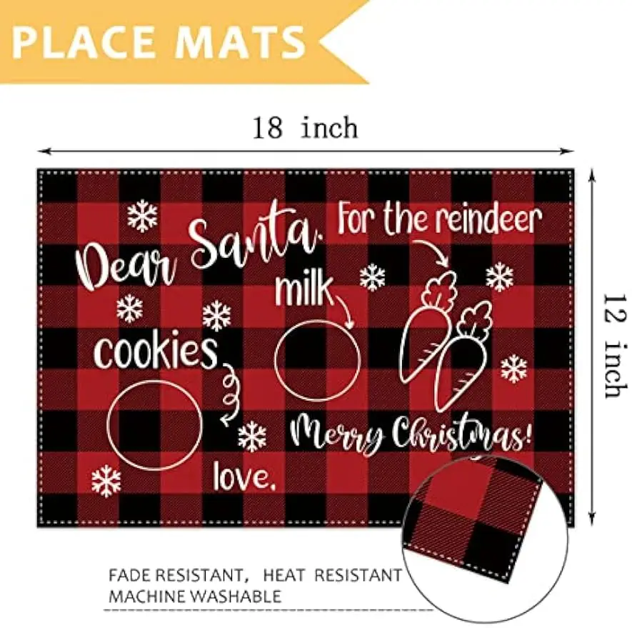 Red Black Christmas Placemats for Dining Table 12 x 18 Inch Deer Santa Winter Seasonal Holiday Decoration Washable Table Mats