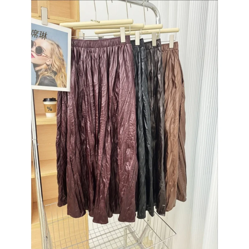 Real Shot Autumn New Pleated High Waist Skirt Women's Leather Skirt Long Irregular Pleated A-line Skirt
