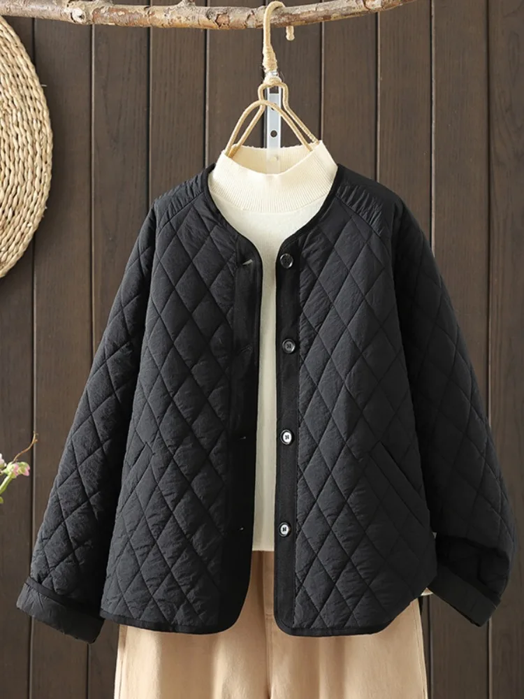 

High-End Retro Cotton Jaet Women's Loose Lightweight Warm round Ne ort Coat Diamond Pattern Fillled Coat Comfortable Wi...