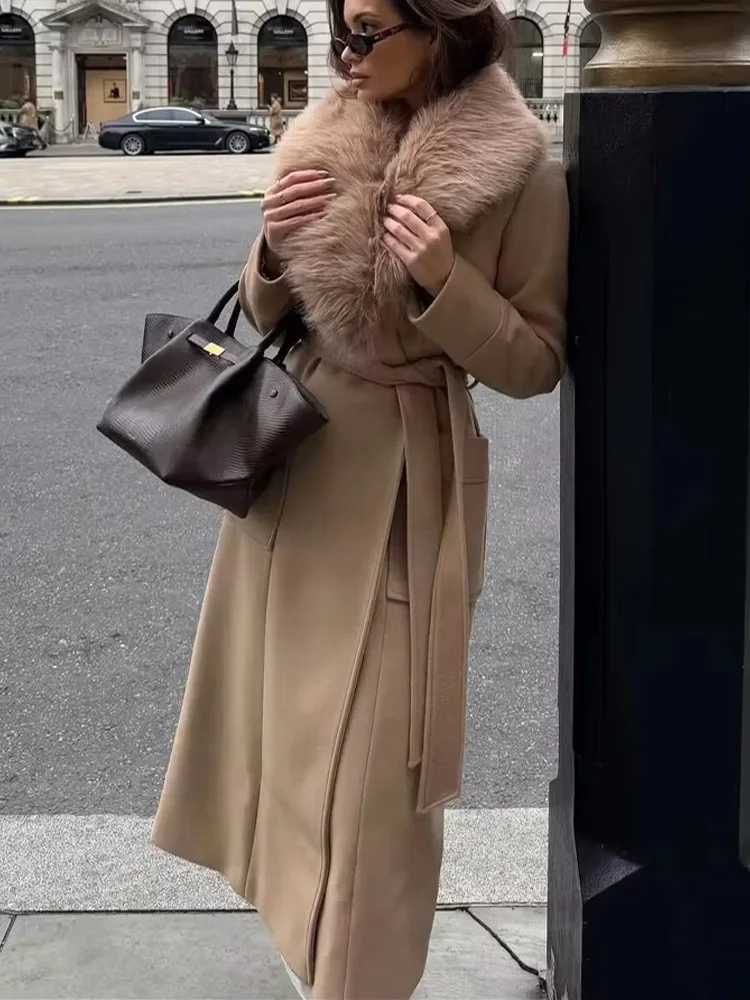 

HH Women's 2025 Autumn Winter New Large Wool Collar Long Woolen Jacket Female Elegant Temperament Double Pocket Lace-up Coat