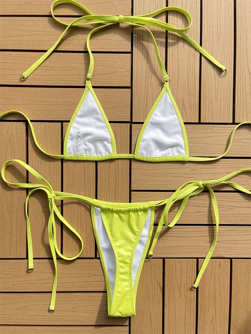Letnia moda plażowa nowy jednolity kolor Bikini strój kąpielowy z materiał ze skóry liny Mujer Biquini