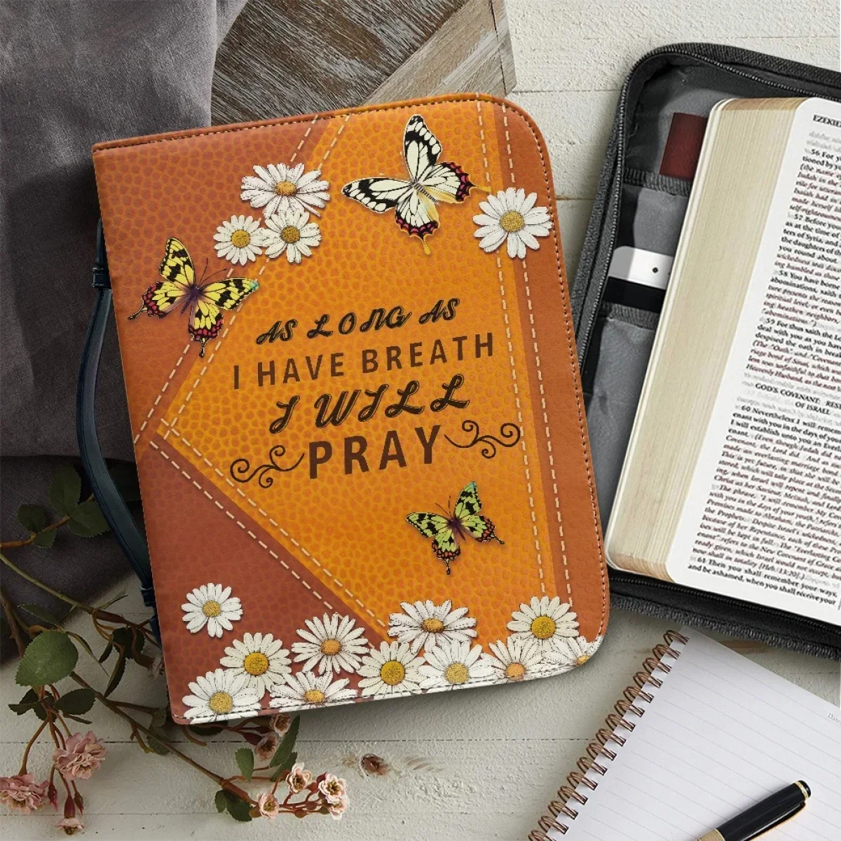 

Personality Bible Cover Case for Women As Long As I Have Breath I Will Pray Small Daisy Butterfly Print Leather Christian Bags