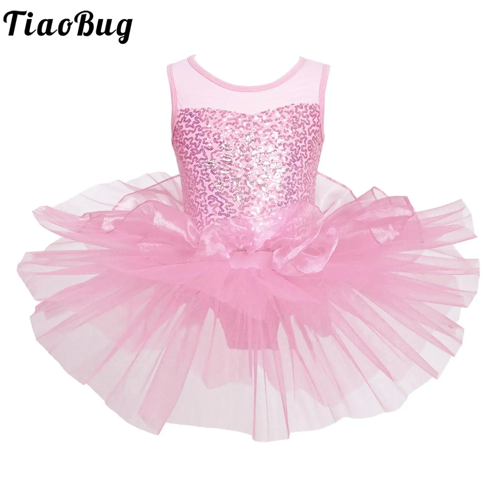 Kids Girls Sequins Ballet Tutu Dress Sleeveless Sheer Mesh Tulle Skirted Gymnastics Leotard Figure Skating Dancewear Costume