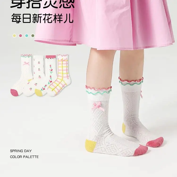 Little Girls Socks Cute Cherry Flowers Socks Autumn Spring Cotton Socks Ruffle Socks 4 Pairs