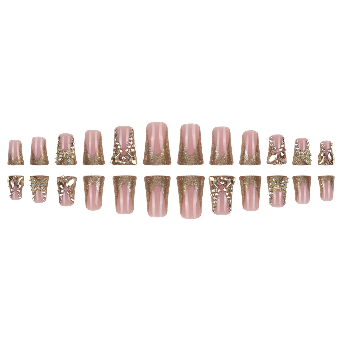 Punta francesa de pico de pato para mujer, uñas postizas con purpurina dorada, diamantes de imitación, mariposa, cobertura completa, pegamento en uñas artificiales