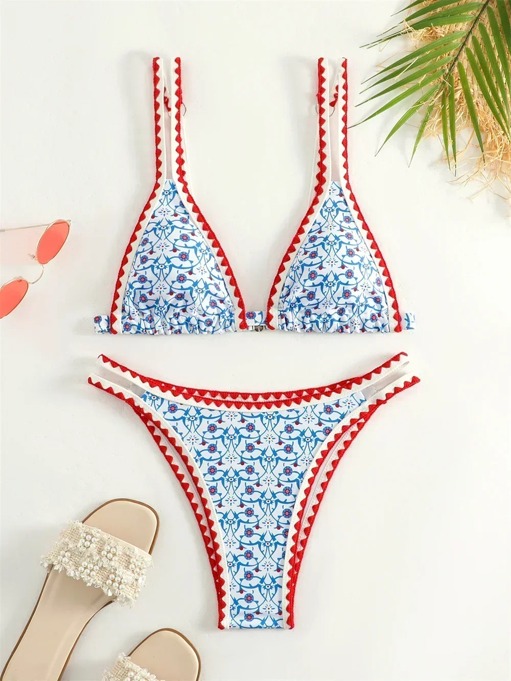 Tendance imprimé Bikini bretelles bordées maillot de bain string Push Up Y2K Boho maillots de bain Kawaii femmes deux pièces brésil maillots de bain maillot de bain