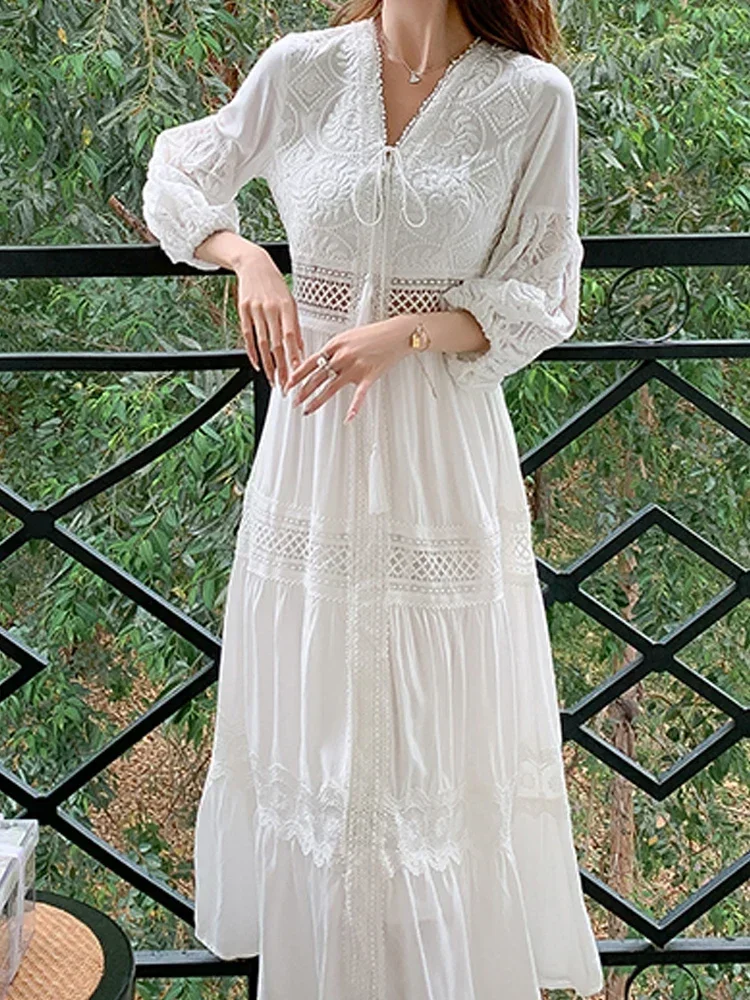 2024 White Long Dress Women Summer Boho Lace Dresses Female Beach Holiday Hollow Out Dress Ladies Elegant Vintage Loose Vestidos