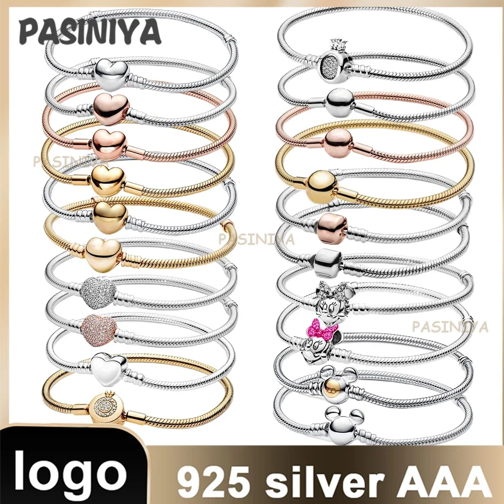 Nueva pulsera de plata 925 con diseño de hueso de serpiente, compatible con dijes de Disney, con LOGO original, exquisita joyería de alta gama 5A para mujer, regalo completo
