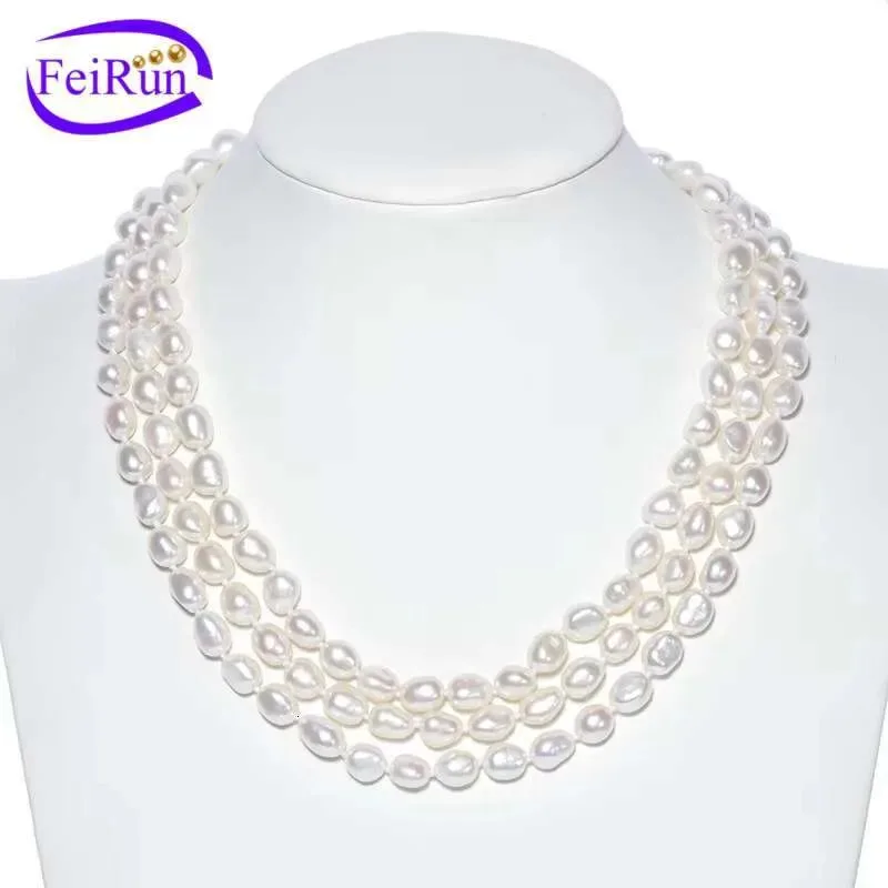 

FEIRUN 8-9mm AA Baroque 3triples Real Natural Fresh Water Bead White Cultured Freshwater Pearl Nelace Price