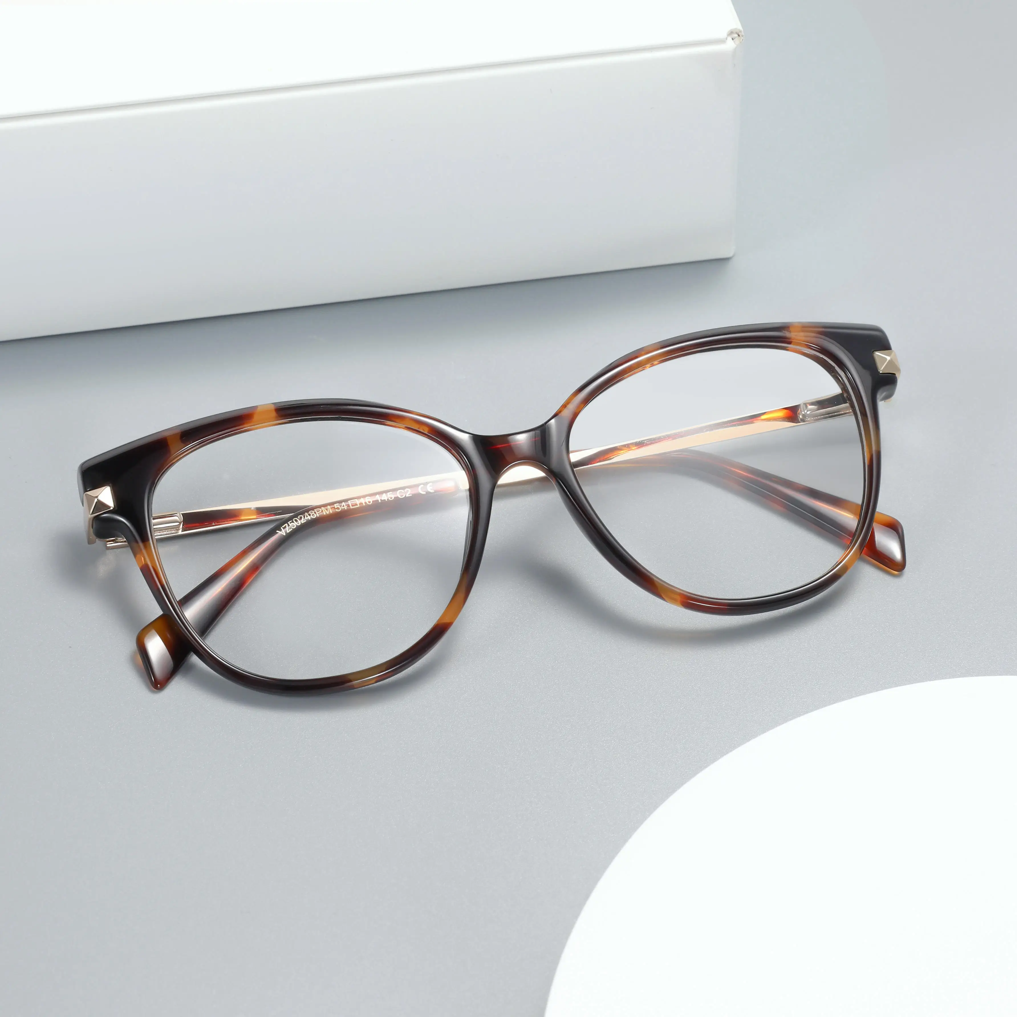 VZONE Cat Eye Acetate Mixed Metal Full Rim Eyeglass Frames Tortoise Big Size Trendy Women