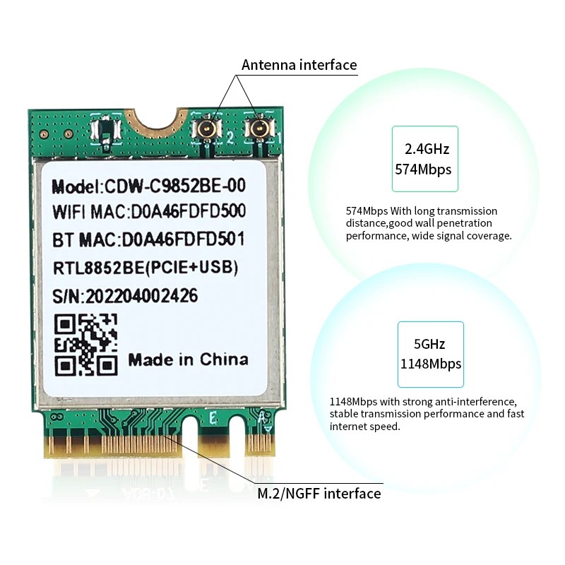 WiFi 6 Dual Band AX1800 Realtek RTL8852BE M.2 NGFF Adapter Bluetooth 5.0 Wireless 802.11AX 2.4G/5G Wlan WiFi Card For Laptop/PC