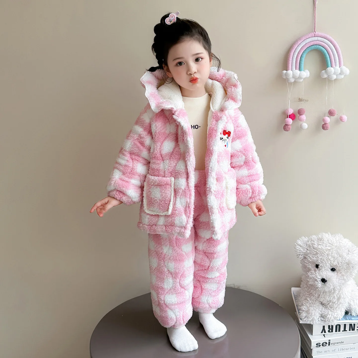 

Anime Hello Kitty Girls' Winter Triple Layer Cotton Warm Sleepwear Set Baby plaid cartoon hooded thick and plush home clothes