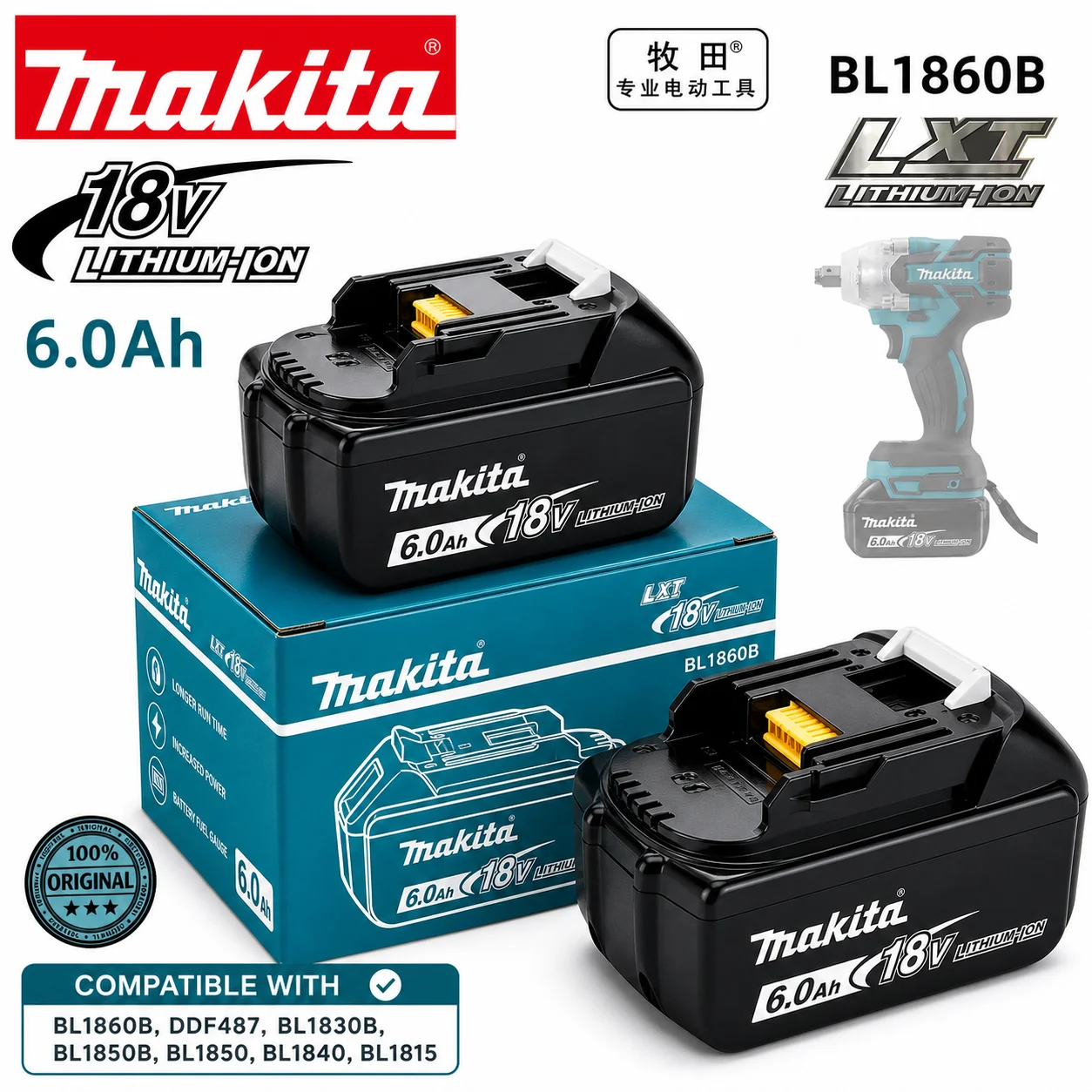 

100% Original Makita 18V 6.0Ah Rechargeable Lithium‑Ion Battery Compatible with BL1820B Power Tools