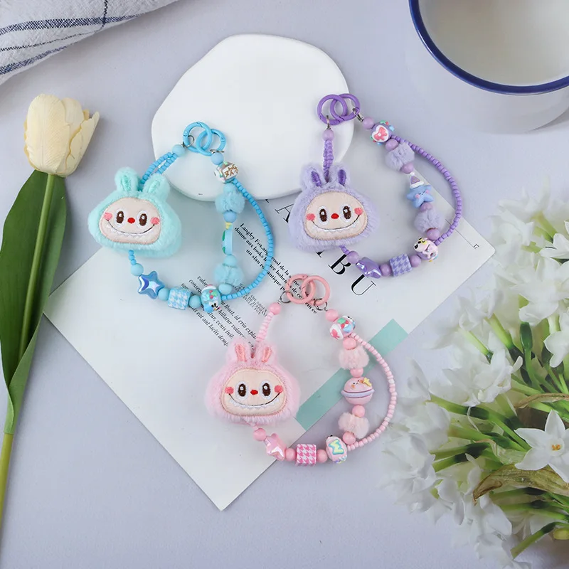 Cartoon  Labubu Doll Phone Anti Lost Lanyard Cute Versatile Beaded Pendant Keychain Backpack Decoration Accessories Gifts