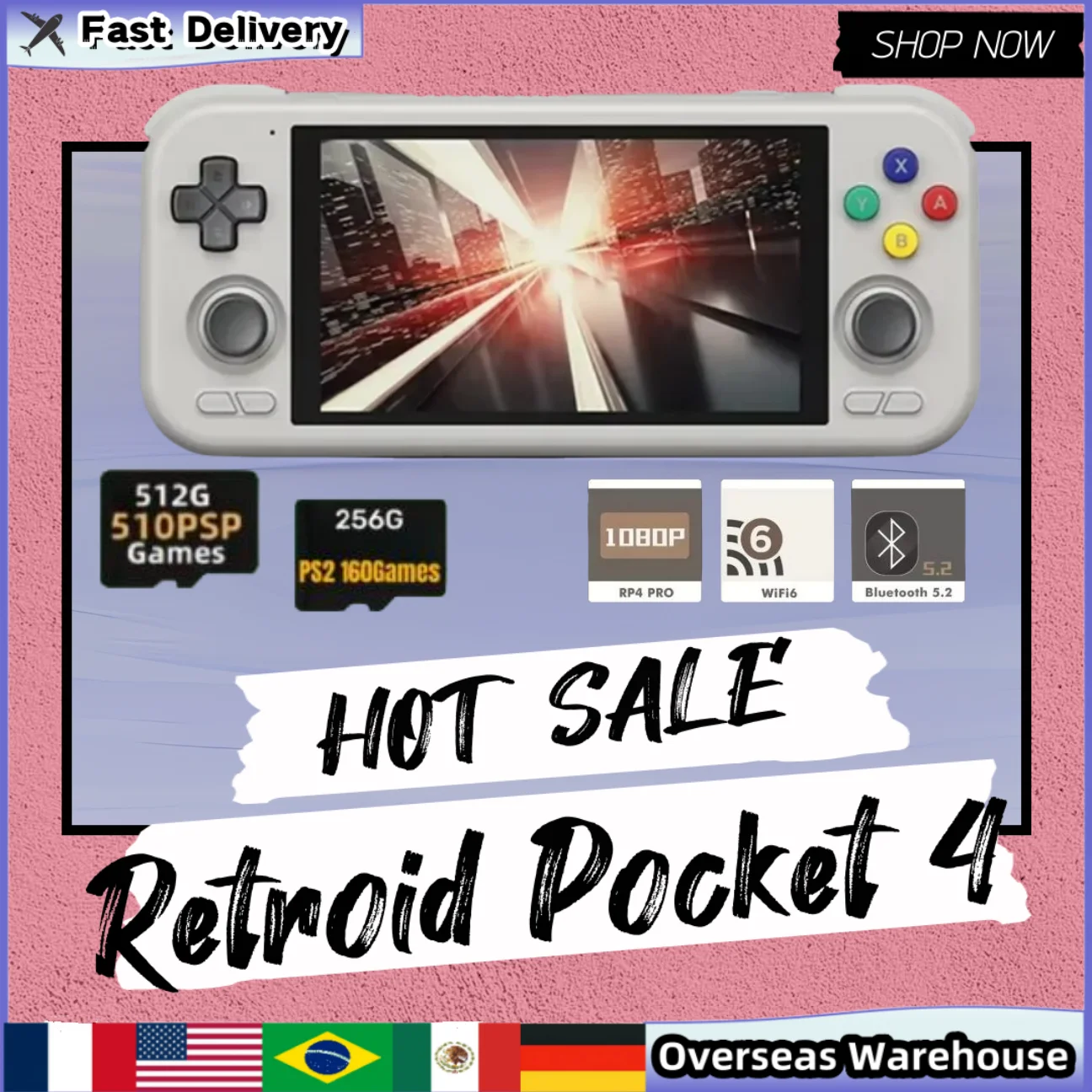 Retroid Pocket 4 Handheld Game Console 4.7 Inch Video Game 4G+128GB RP4 Android 13 WiFi 6.0 Bluetooth  Console 512G 60000+Games