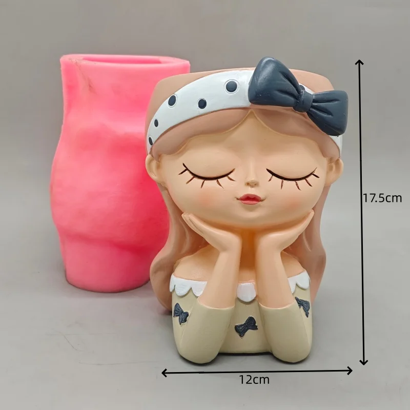 Silicone mold cute bow girl flowerpot Nordic style DIY gypsum resin green algae fleshy flowerpot tool large mold view 2