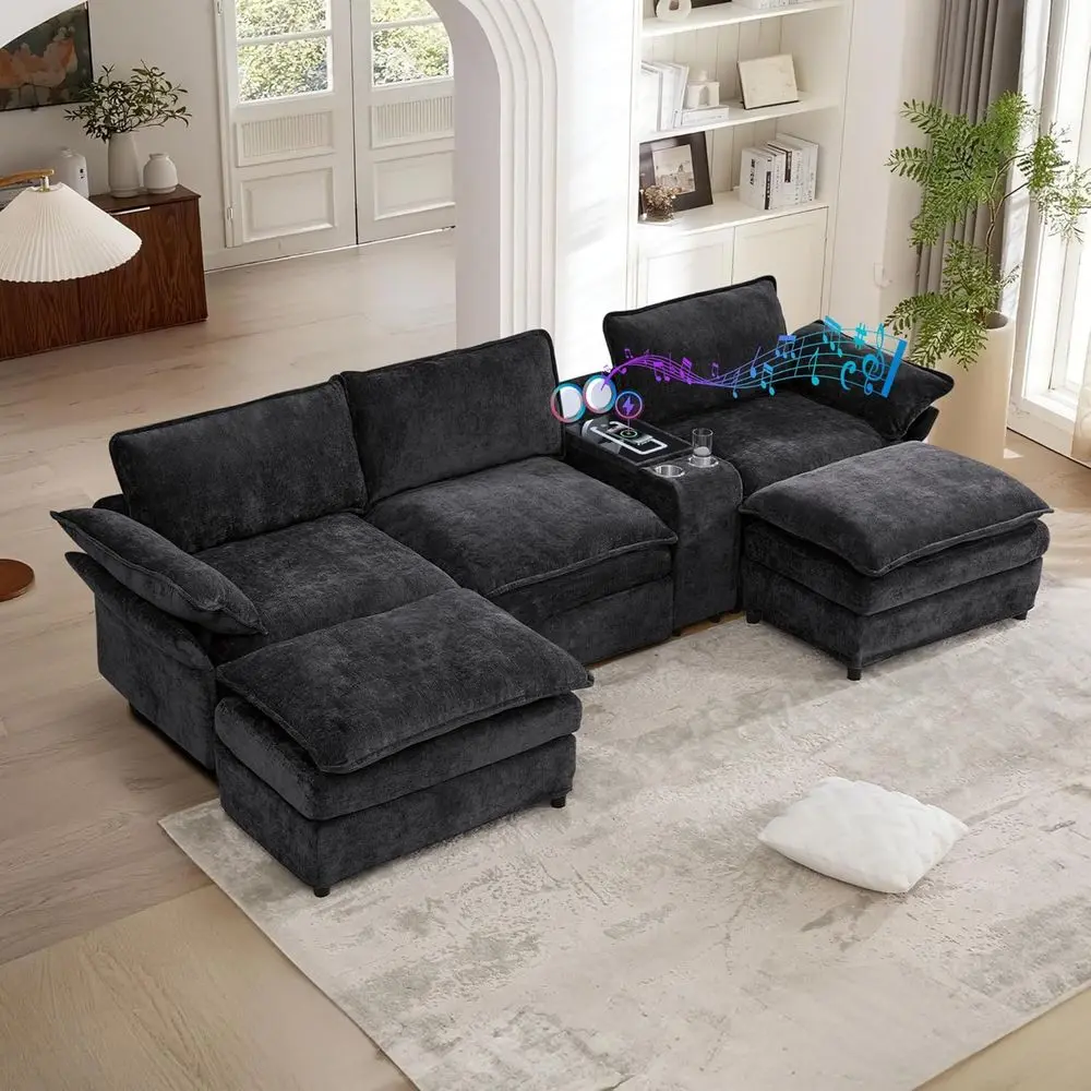 

Luxury Deep Seated Chenille Sectional Sofa with Ottomans, Bluetooth Speakers, and Central Console - Black