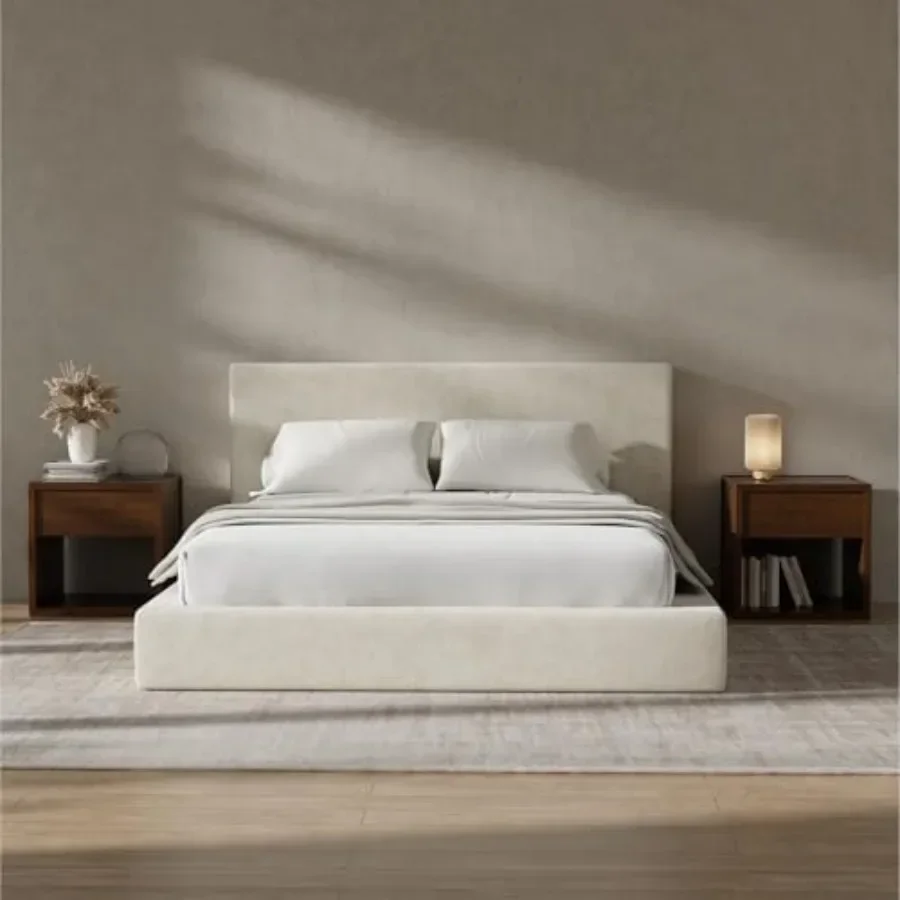 AirFrame Upholstered Bed Frame with Plush Padded Headboard for bedroom use, fabric in gray, soft padded comfort and modern mini