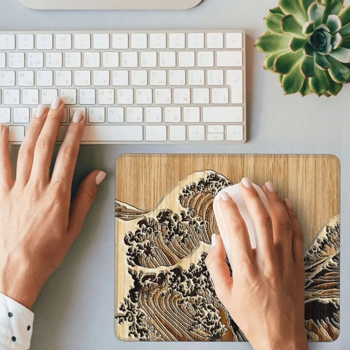 대유람의 파도 대나무 인레이 스타일 마우스 패드 컴퓨터 키보드 마우스 매트 게이머 노트북 데스크 매트 사무실 테이블 매트