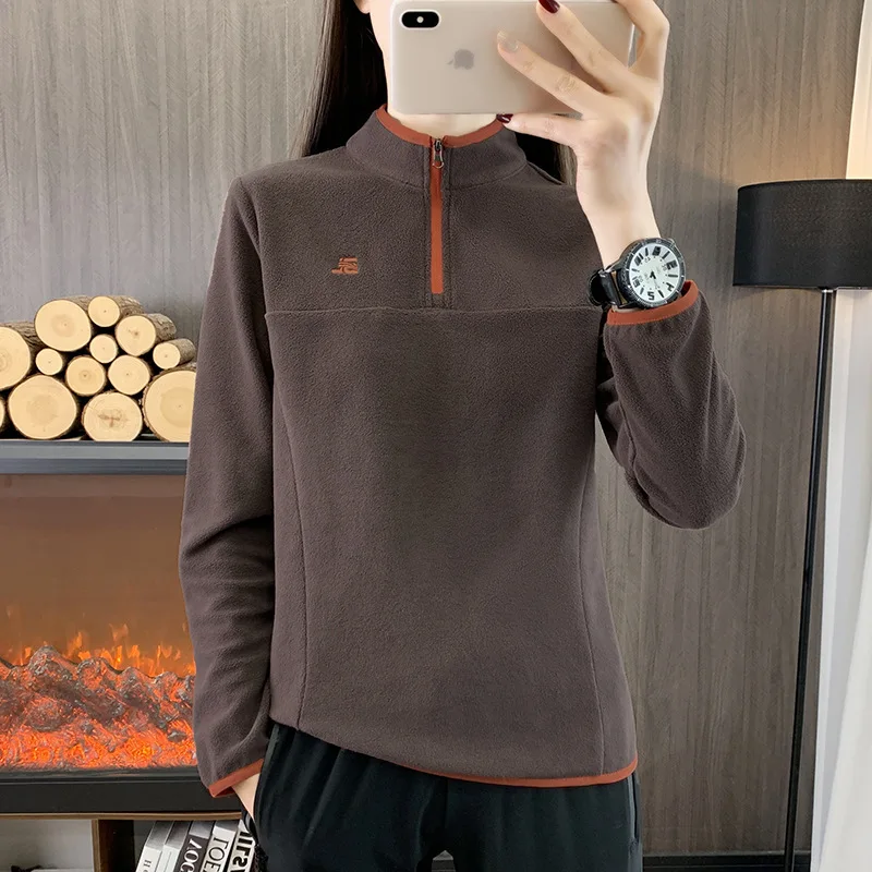 Women's Outdoor Half-Zip Fleece-Lined Solid Color Long Sleeve Stand-Up Collar Base Layer Jacket Ultra-Light Fleece Sweatshirts
