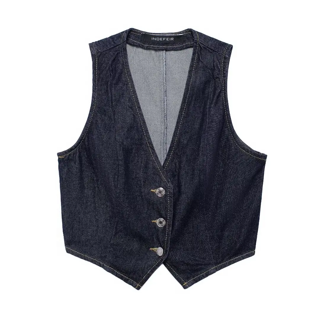 

TRAFZA Summer Female Elegant V-Neck Sleeveless Buttons Single Breasted Tops Women Solid Denim Short Waistcoat Streetwear Mujer