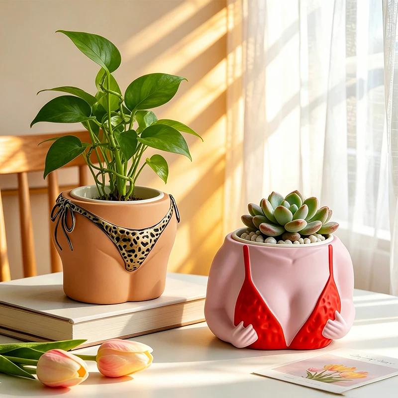 Novelty Bikini Body Shaped Resin Flower Pot Creative Planter for Succulents Small Plants Home Office Desktop Decoration