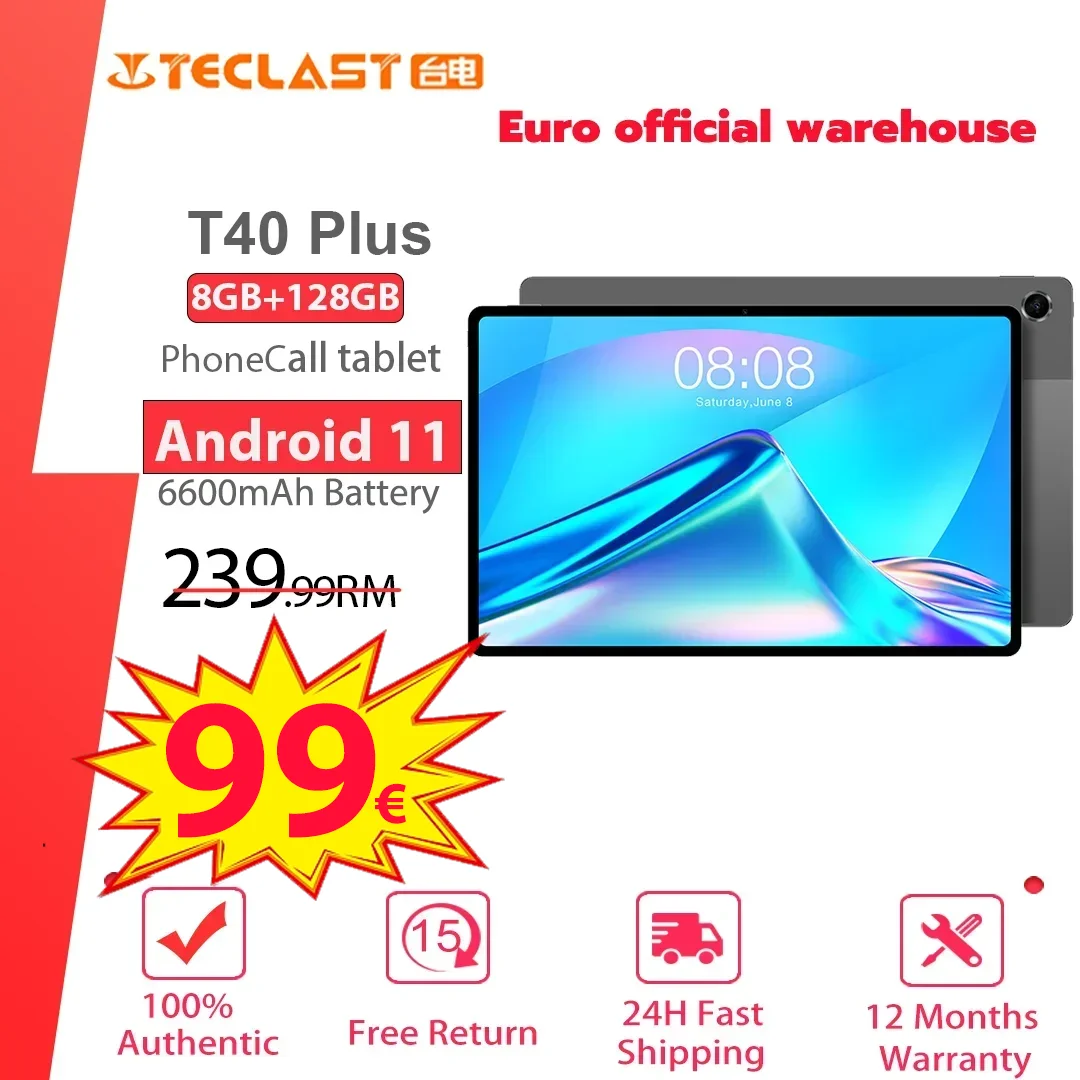 Teclast T40 Plus Android 11 tablet 10.4 cali 8GB + 128GB 2000*1200 FHD IPS 8MP/5MP aparat sim call Phone WiFi Gray Pad prezent