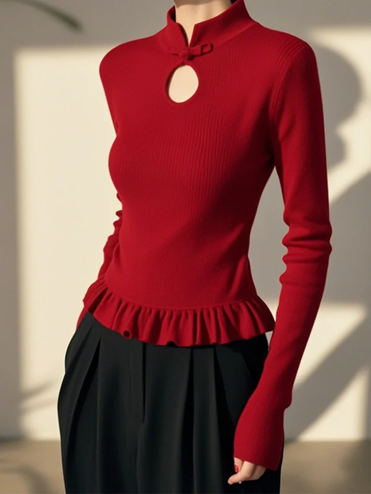 

Новогодний китайский вязаный свитер с длинными рукавами, воротником-стойкой и пуговицами, женский красный свитер с деревянными пуговицами